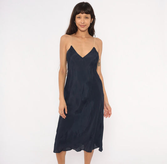 70s Navy Slip Dress Midi V-Neck Spaghetti Strap Acetate Small