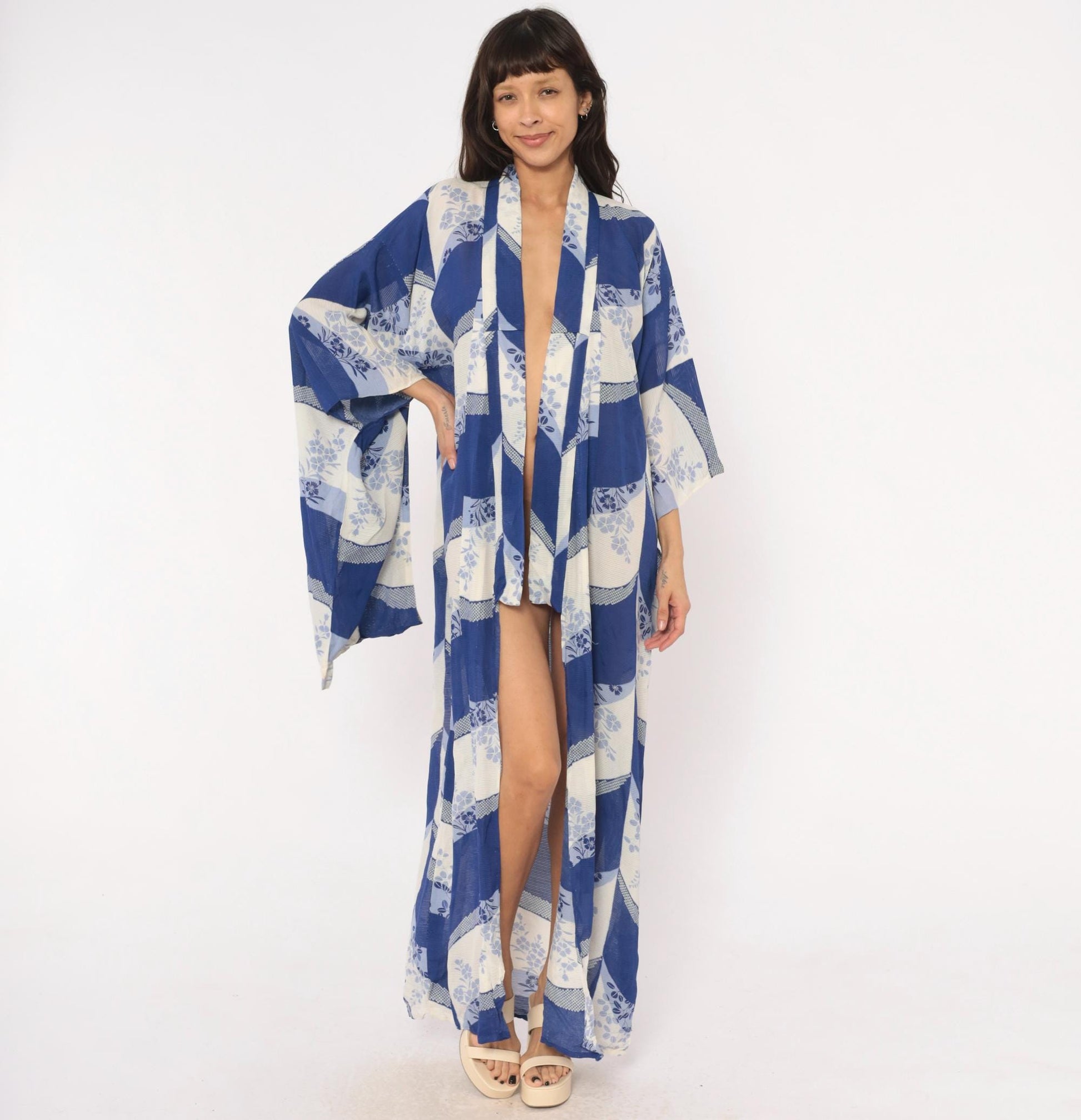 70s Japanese Kimono Robe Cobalt Blue Floral Maxi Open Front Small to Large