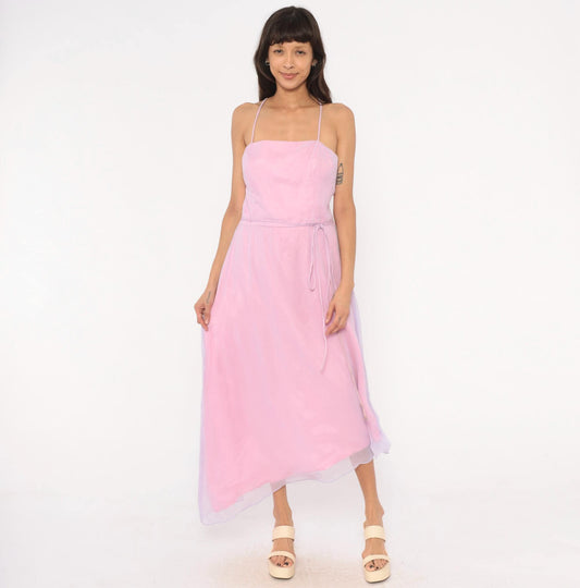 90s Jim Hjelm Lilac Pink Chiffon Maxi Gown Spaghetti Strap Criss Cross Back Medium M