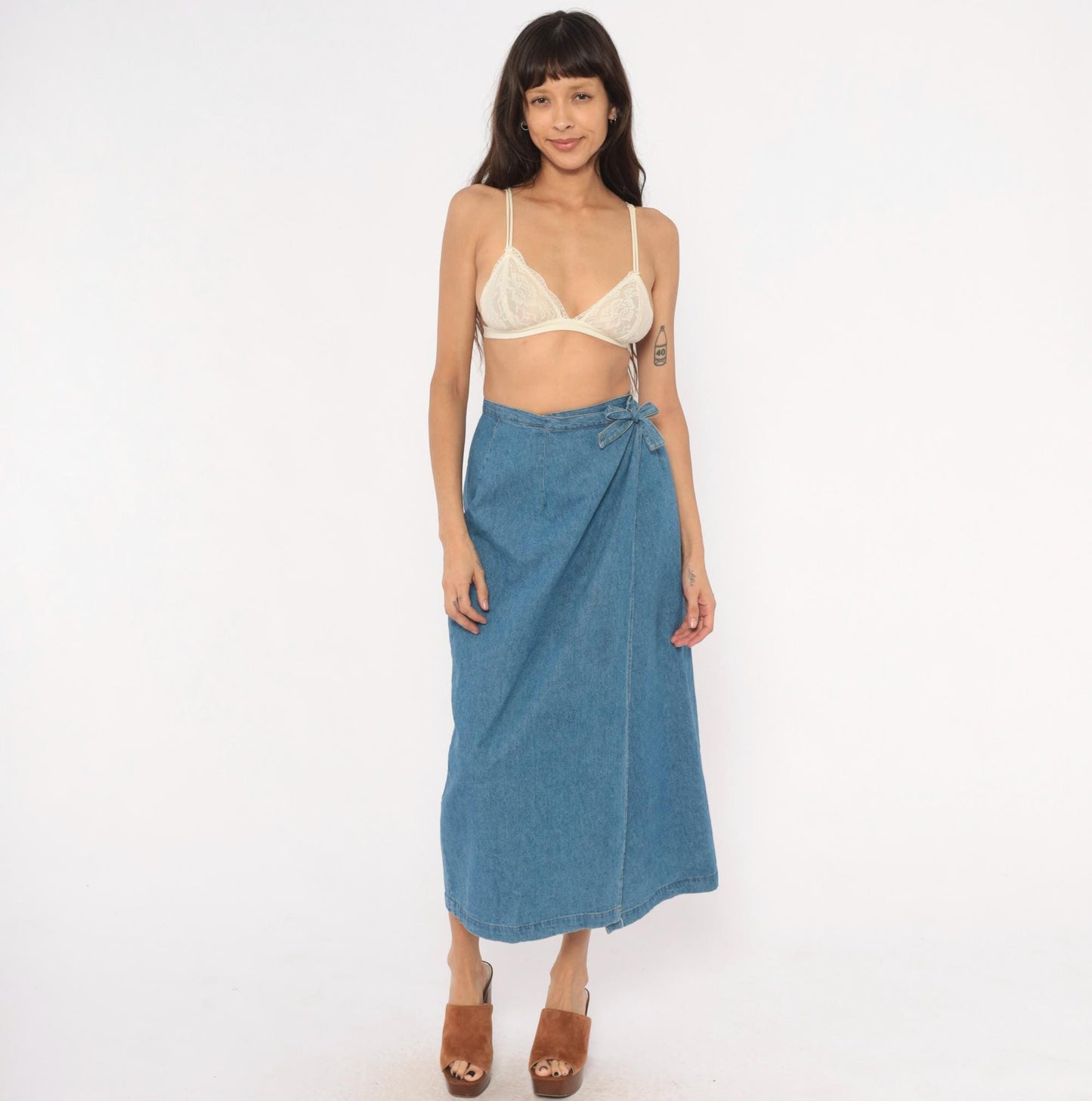 90s Founded 1989 Denim Wrap Skirt Midi Blue Chambray Cotton Extra Small