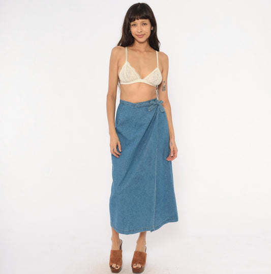 90s Founded 1989 Denim Wrap Skirt Midi Blue Chambray Cotton Extra Small