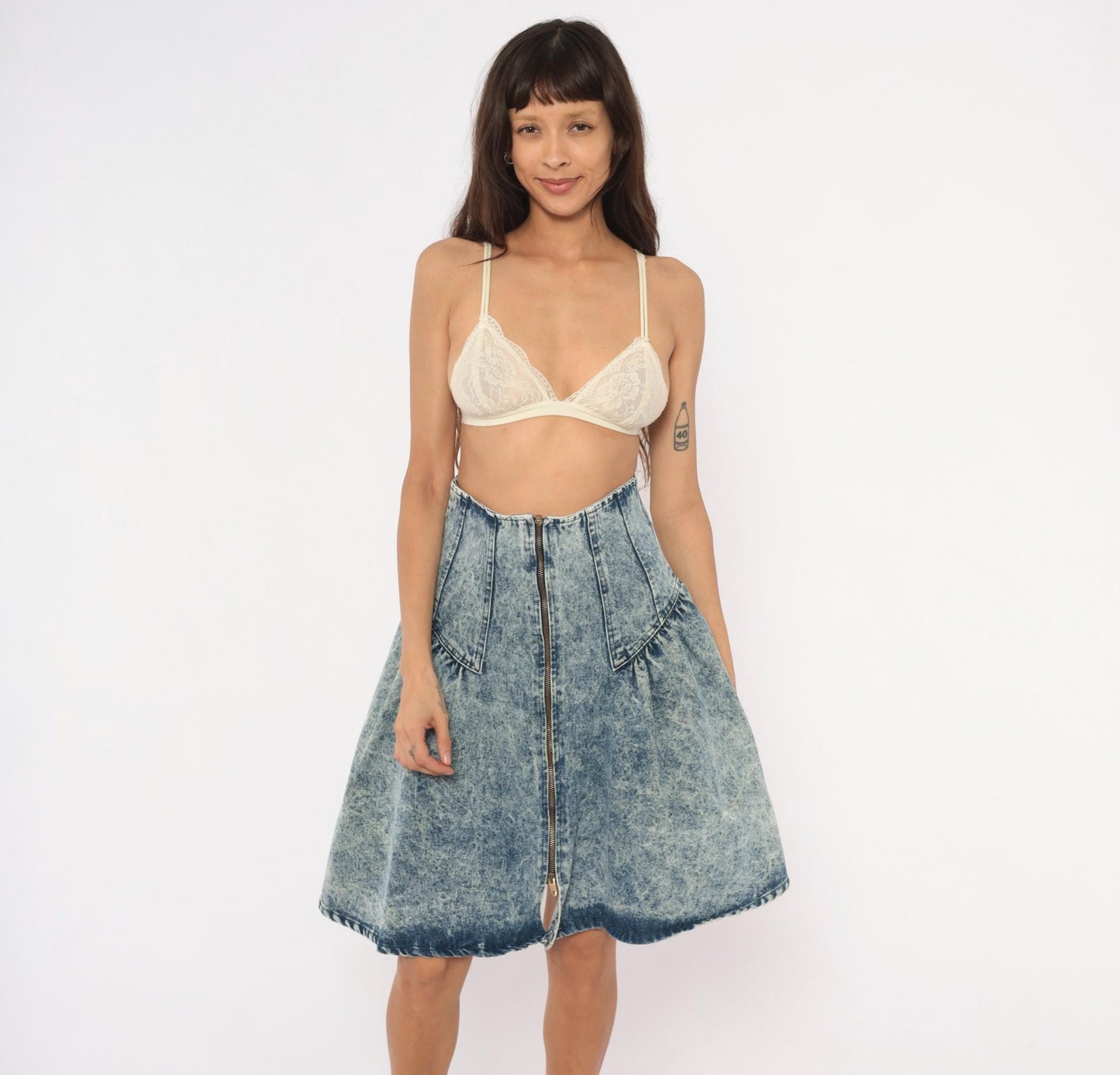 90s Weathered Blues Acid Wash Denim Skirt High Waist A-Line Small S