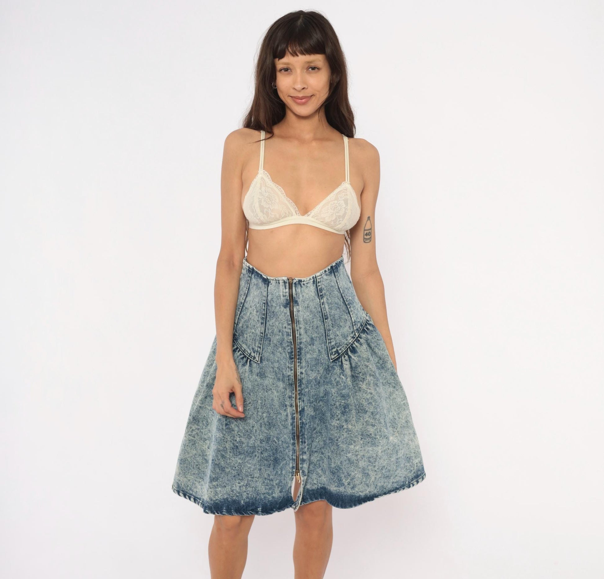 90s Weathered Blues Acid Wash Denim Skirt High Waist A-Line Small S