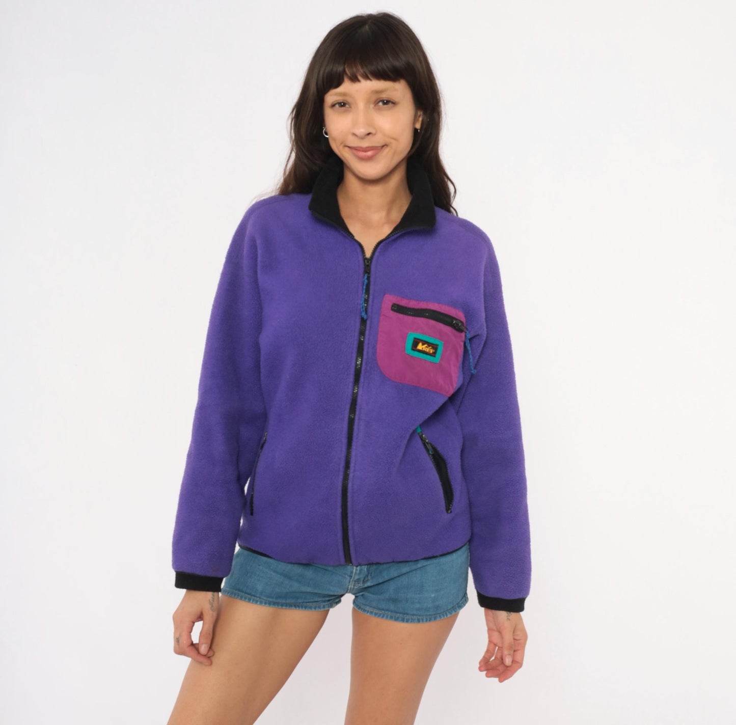 90s REI Purple Fleece Jacket Full Zip Colorblock Medium M