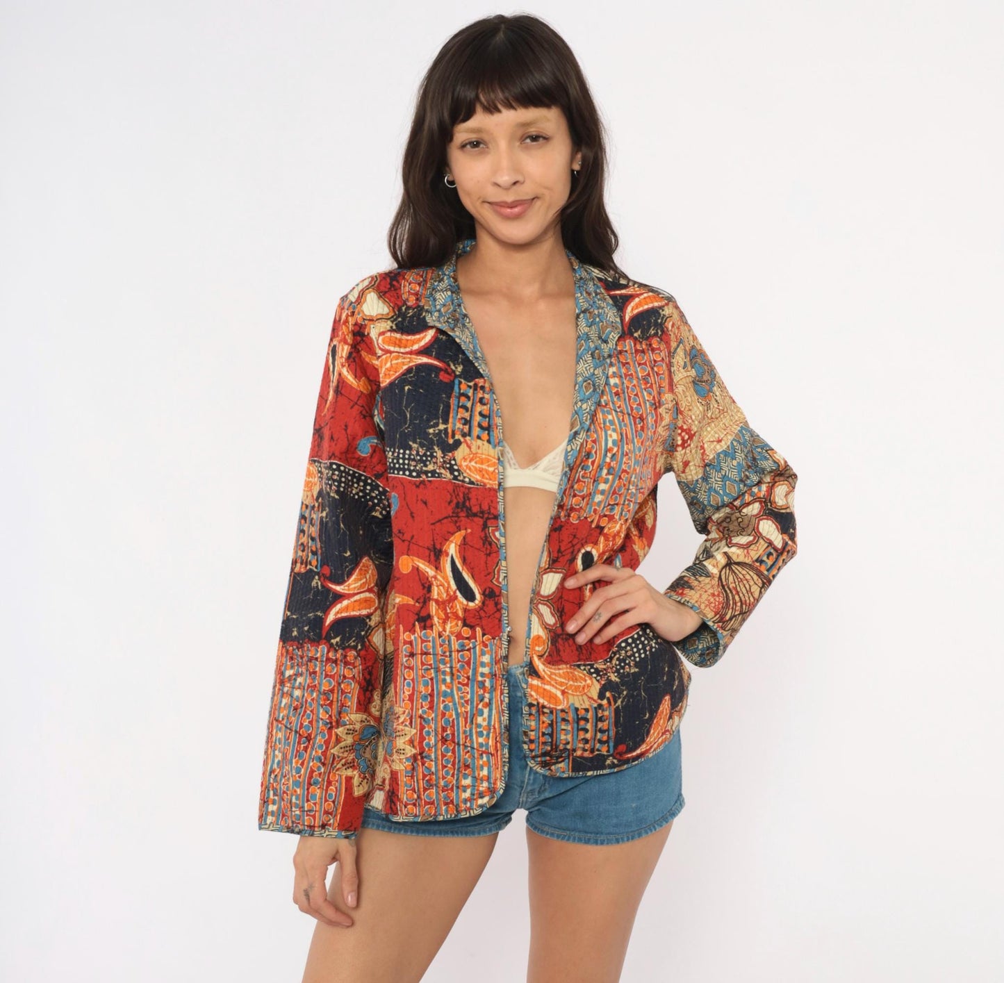 2000s Alfred Dunner Batik Patchwork Quilted Blazer Navy Red Orange Small