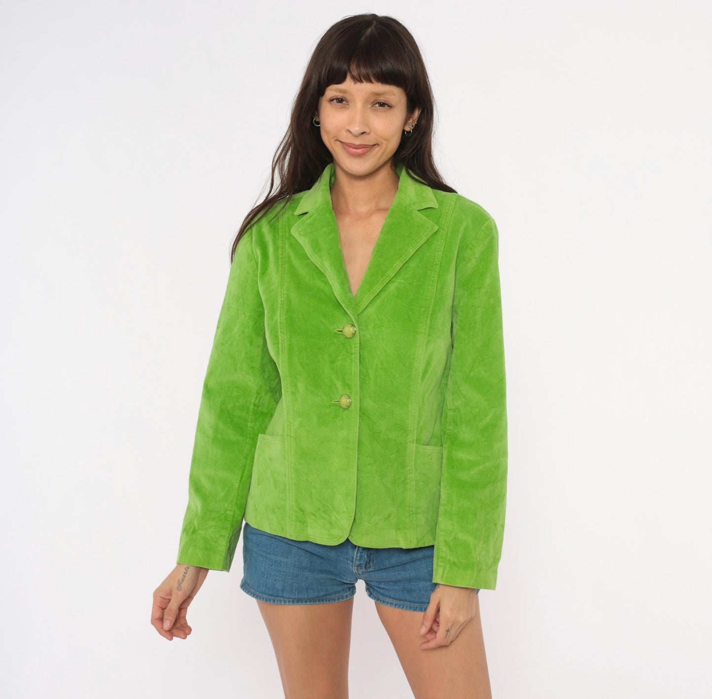 2000s RQT Lime Green Velvet Blazer Cotton Fitted Two-Button Jacket Large L