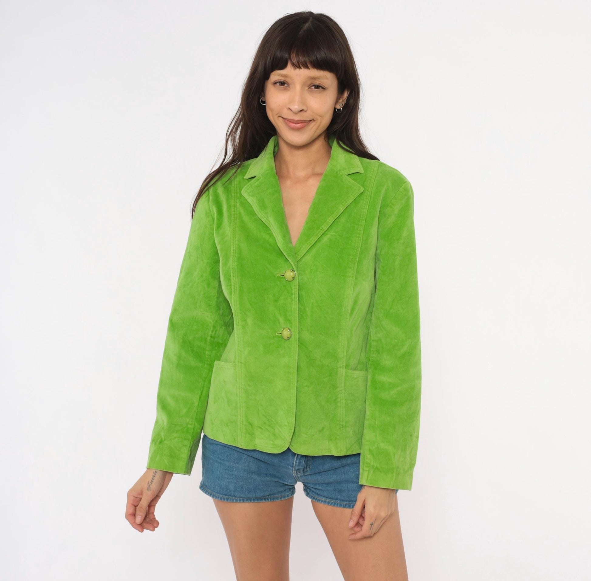 2000s RQT Lime Green Velvet Blazer Cotton Fitted Two-Button Jacket Large L