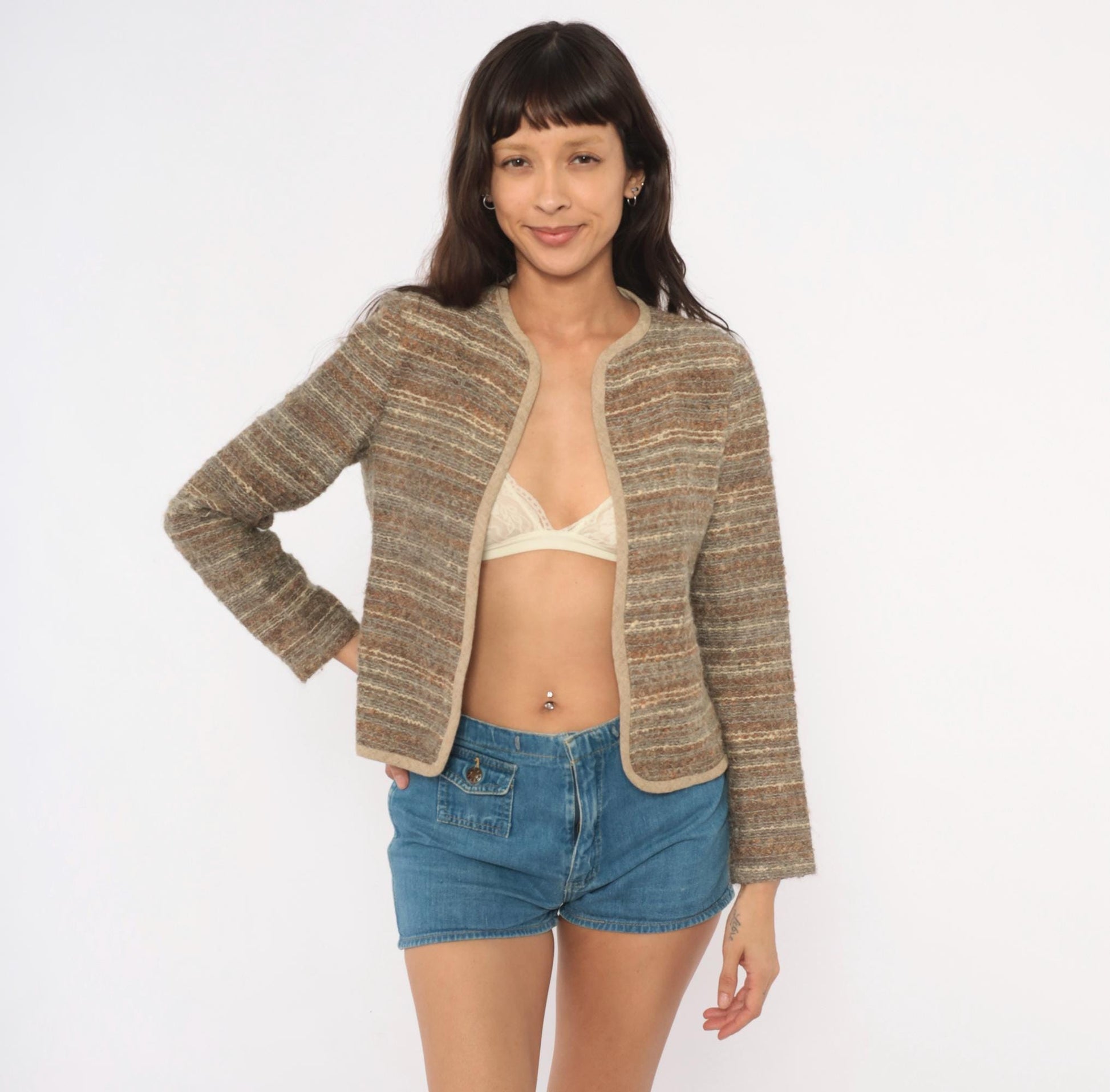 90s DW3 Bouclé Cardigan Tan Brown Cream Striped Wool Blend Cropped Small