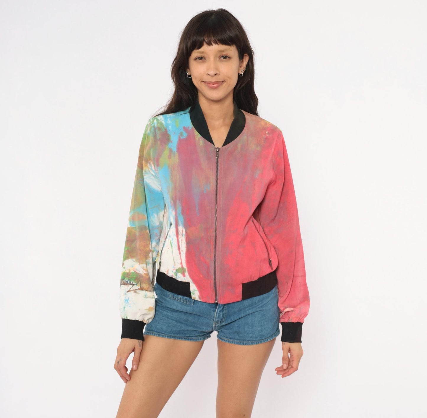 2000s Mural Paint Splatter Bomber Jacket Multicolor Abstract Zip Front Medium