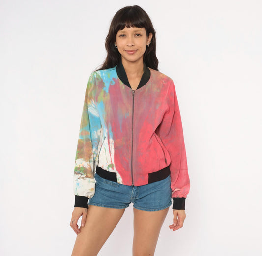 2000s Mural Paint Splatter Bomber Jacket Multicolor Abstract Zip Front Medium