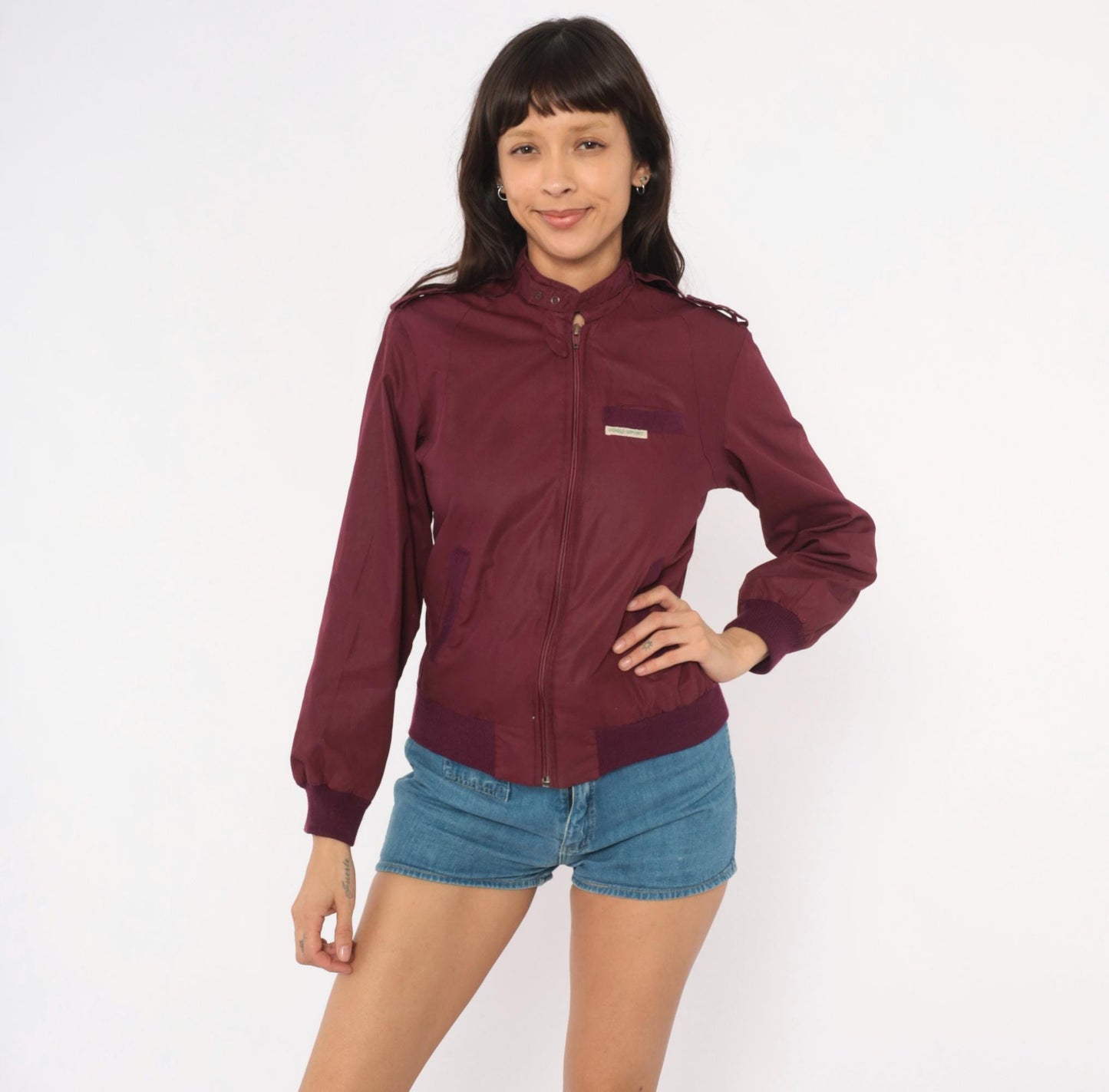 80s Coqui Sport Burgundy Bomber Jacket Ribbed Knit Epaulette Extra Small XS