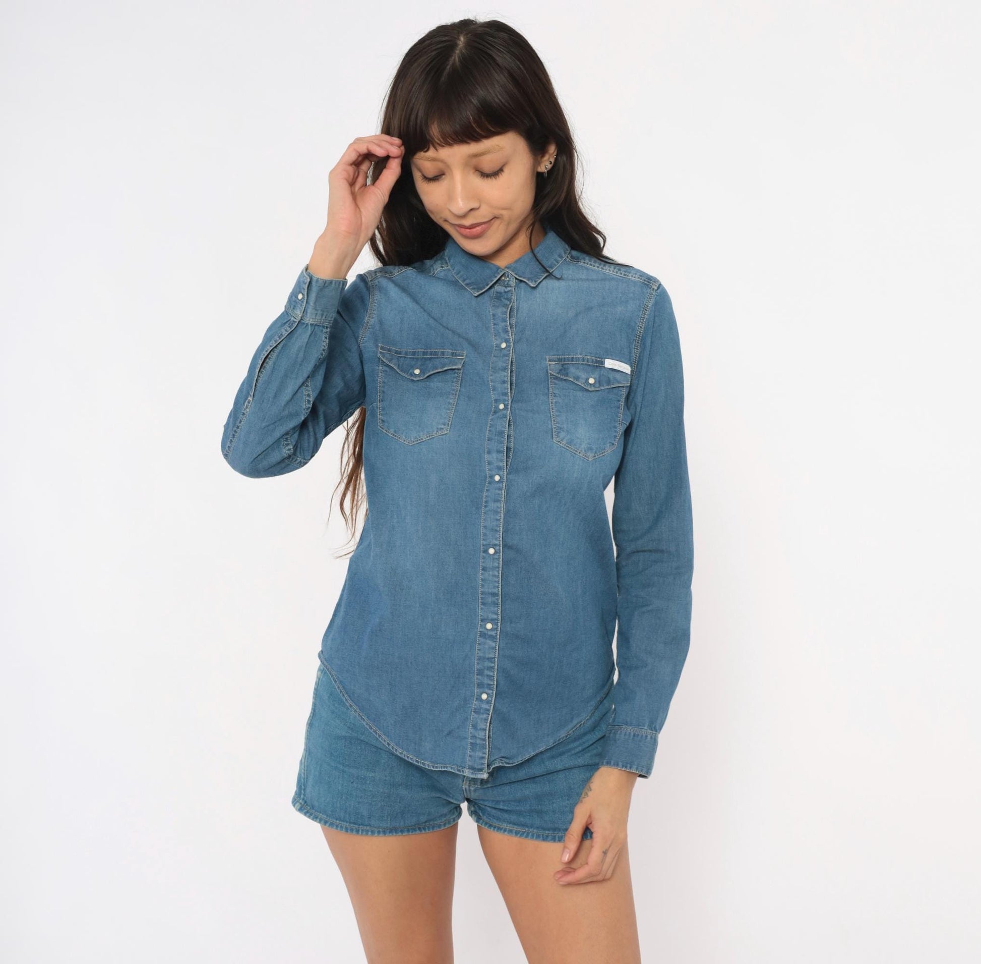 Calvin Klein Jeans Denim Shirt Western Snap Button Blue Chambray Small S