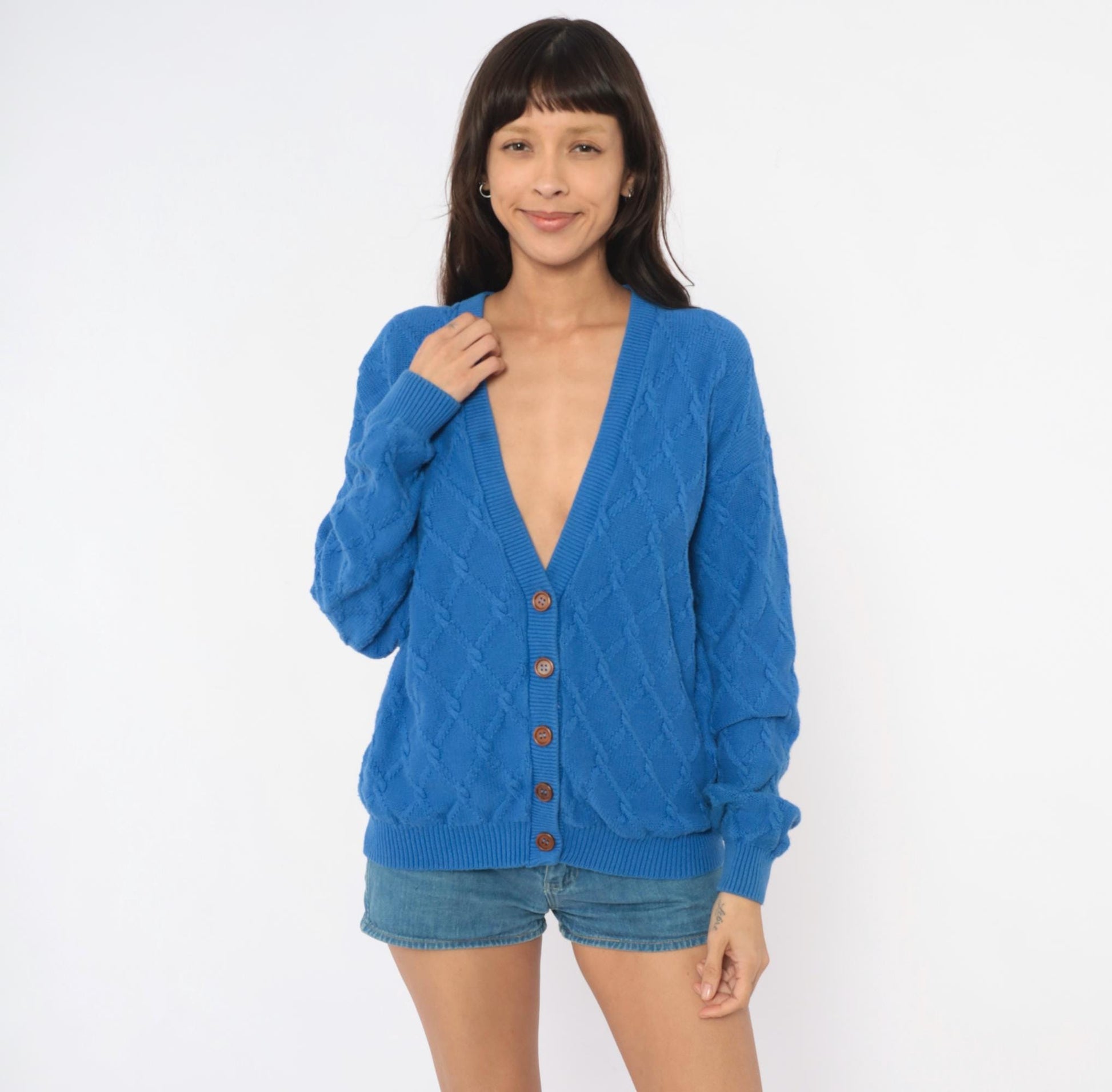 80s Pendleton Cable Knit Cardigan Blue Cotton V Neck Wooden Buttons Medium M