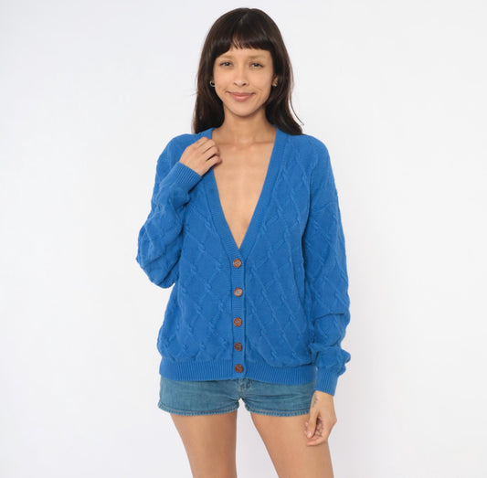 80s Pendleton Cable Knit Cardigan Blue Cotton V Neck Wooden Buttons Medium M