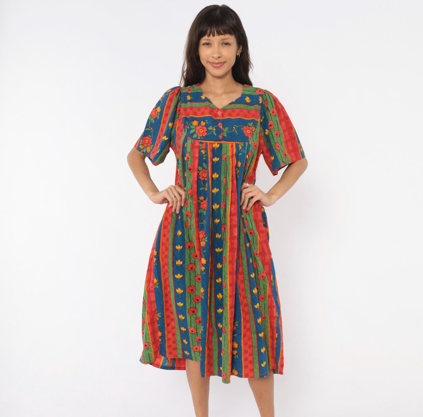 90s Floral Striped Cotton Empire Waist Dress Puff Sleeve Red Blue Green Medium