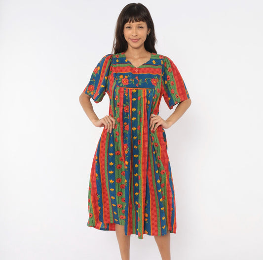 90s Floral Striped Cotton Empire Waist Dress Puff Sleeve Red Blue Green Medium
