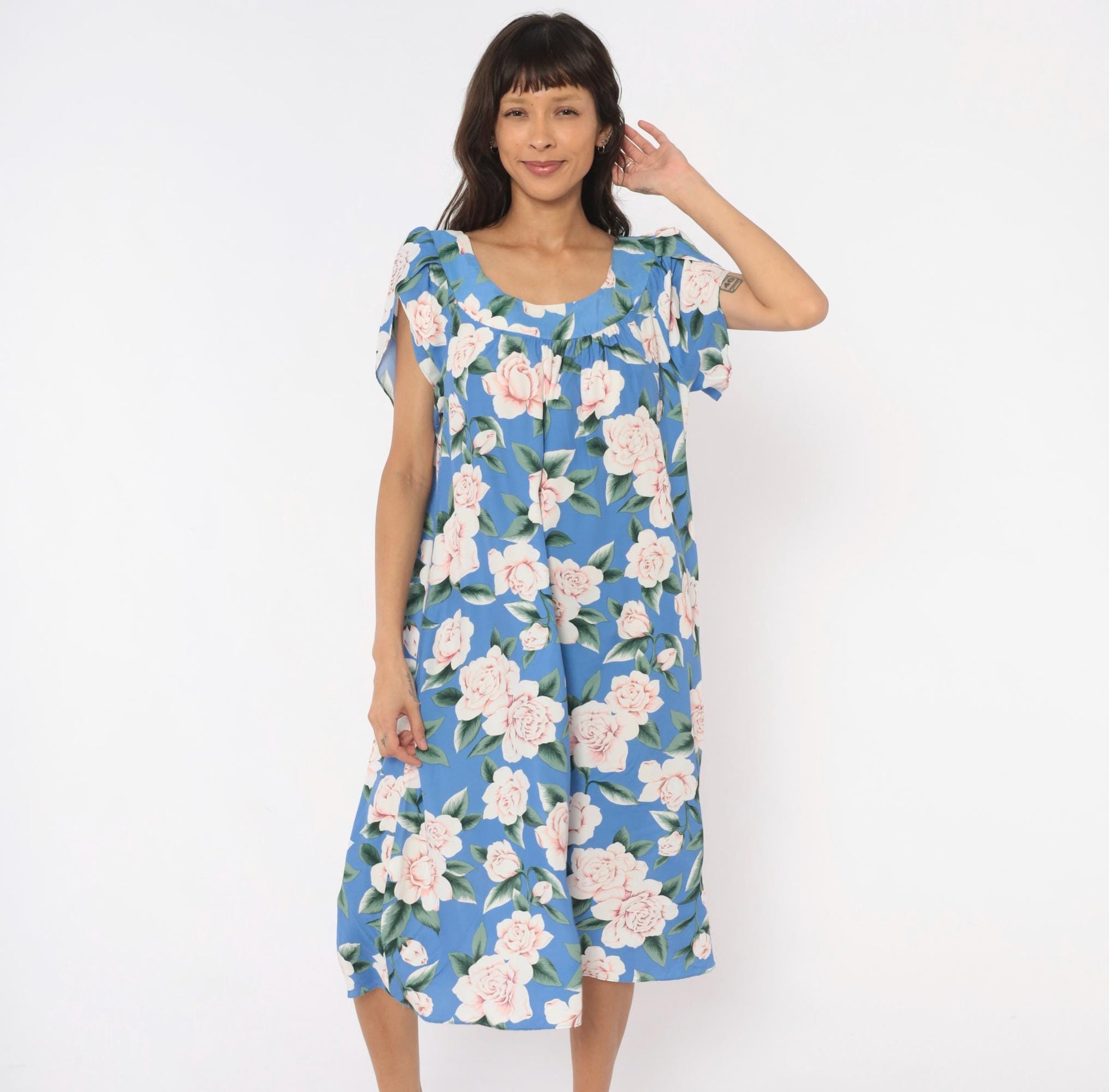 90s Paradise Bay Muumuu Midi Dress Blue Pink Rose Floral Puff Sleeve Large L