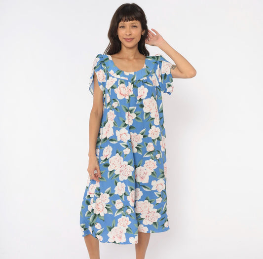 90s Paradise Bay Muumuu Midi Dress Blue Pink Rose Floral Puff Sleeve Large L