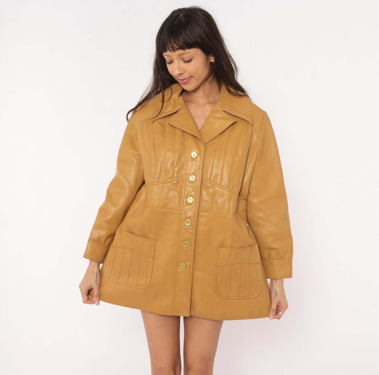 70s Mod-Maid Vinyl Coat Tan Button Front Notched Collar Mini Trench Large L