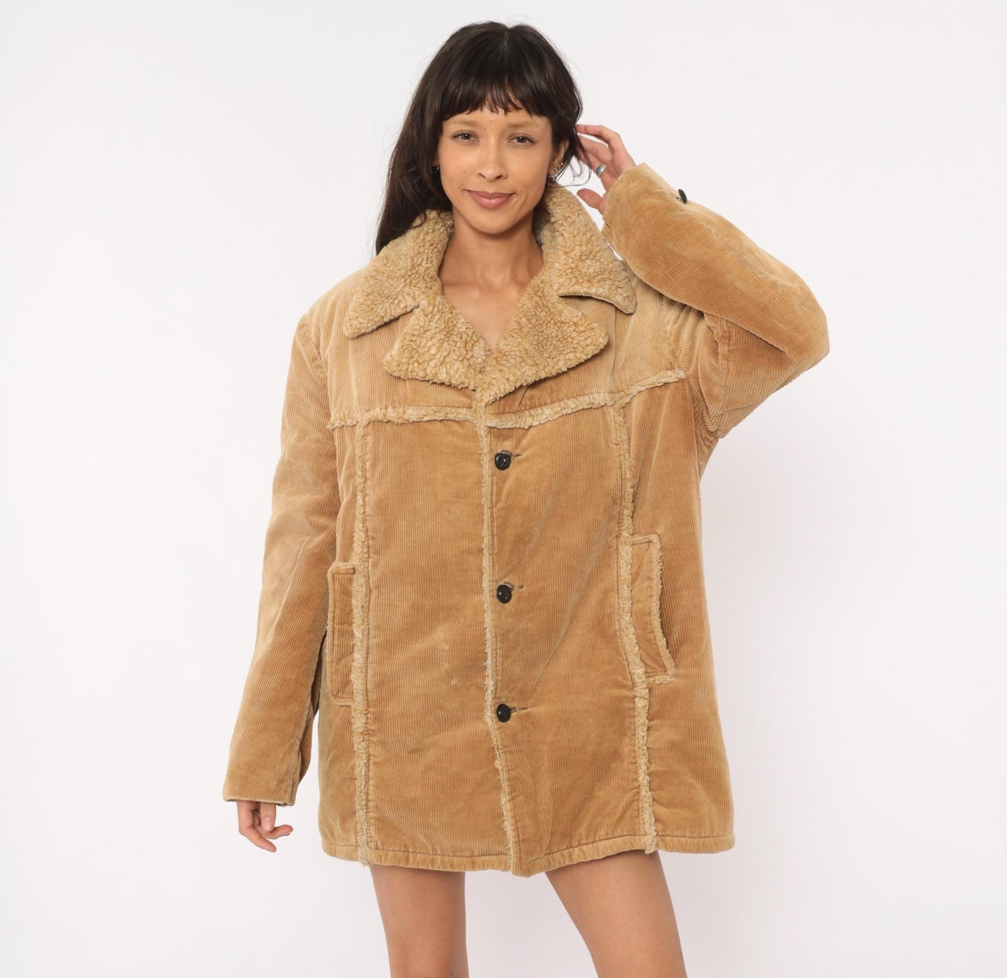 70s JCPenney Tan Corduroy Sherpa Coat Button Front Jacket Medium M