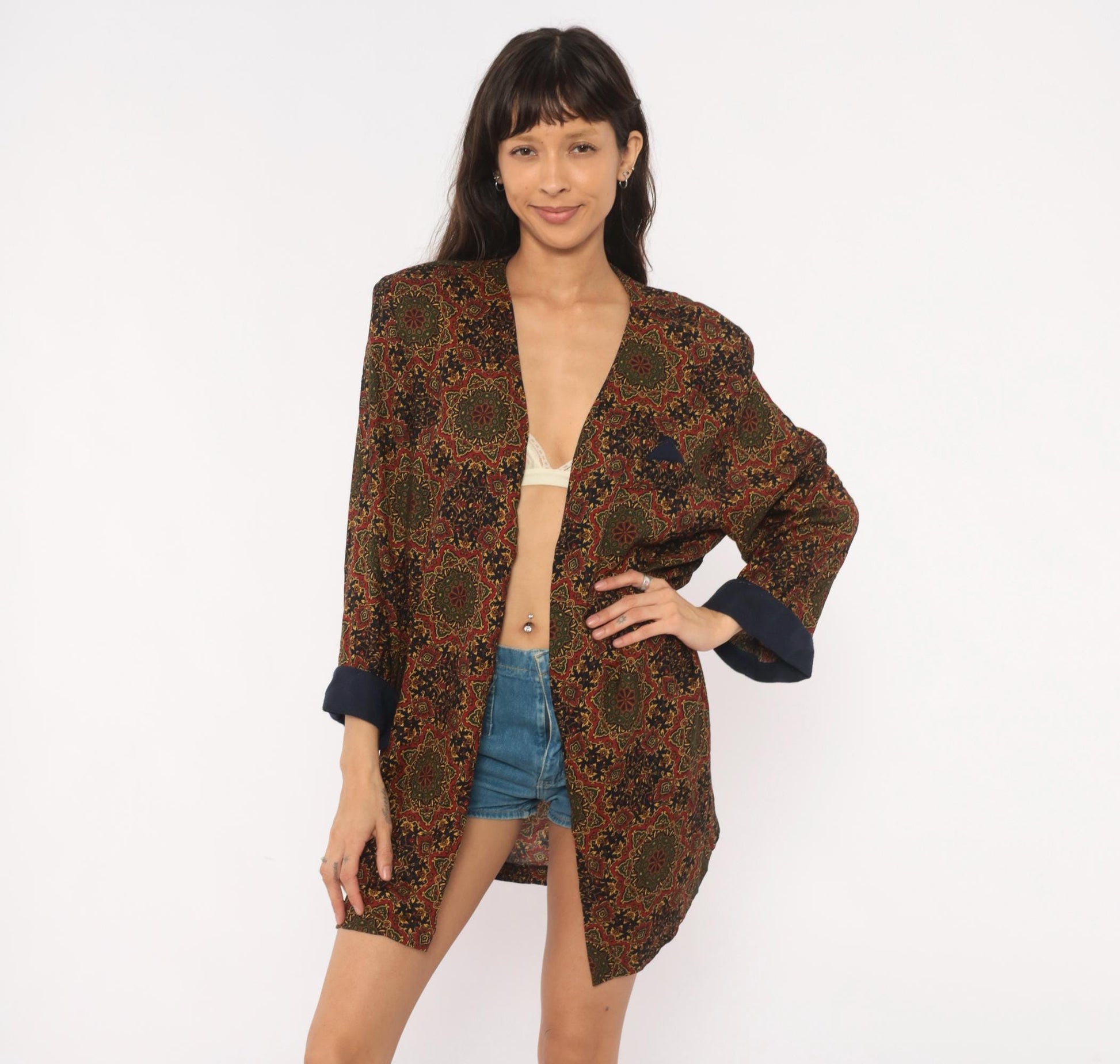 90s Medallion Tapestry Robe Kimono Navy Red Olive Gold Duster Large L
