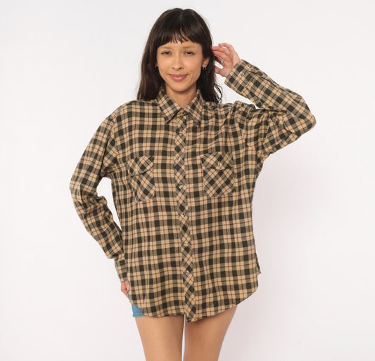 80s High Sierra Plaid Flannel Shirt Tan Brown Check Large L