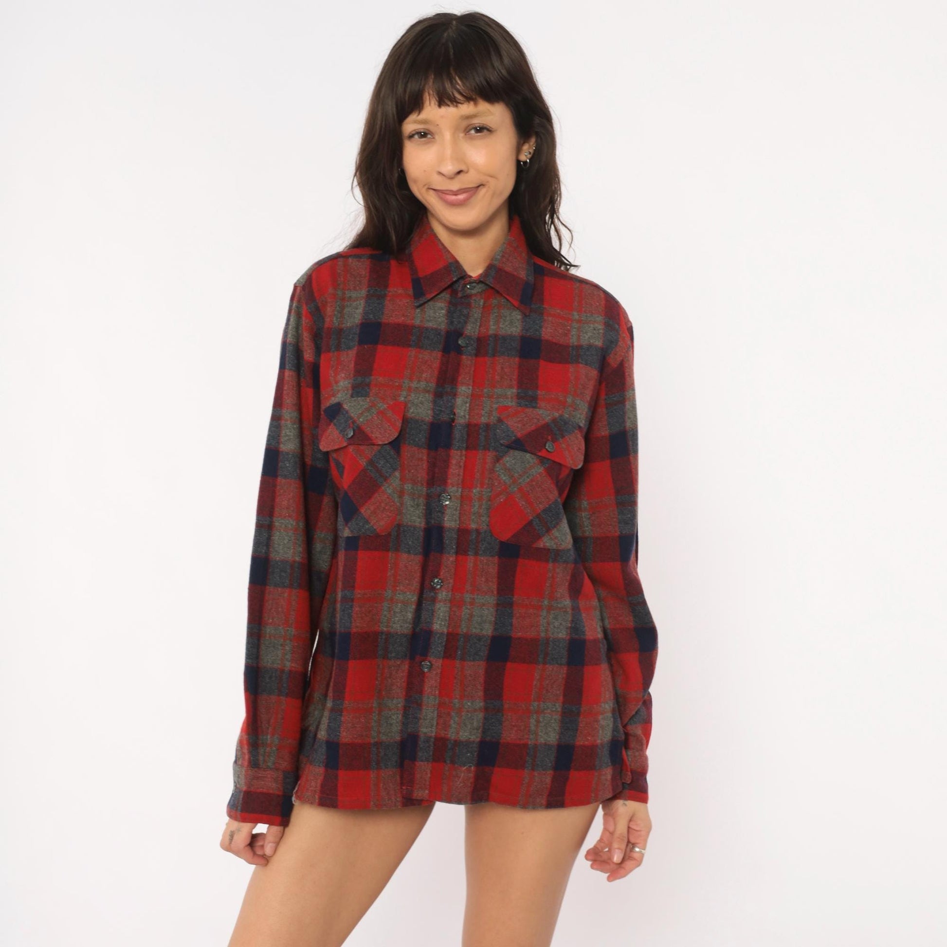 80s Woodland Wool Flannel Shirt Red Navy Grey Plaid Button-Up Small