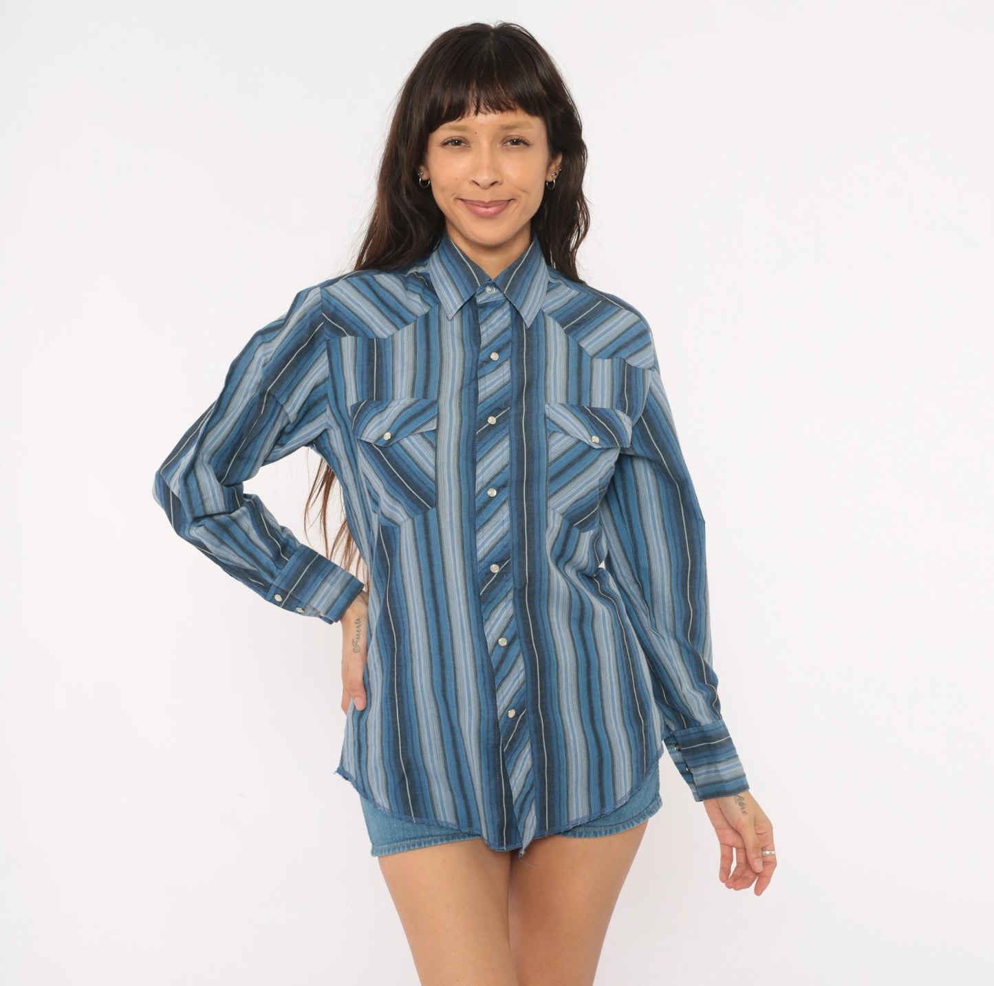 90s Wrangler Western Shirt Blue Striped Pearl Snap Pointed Collar Small S