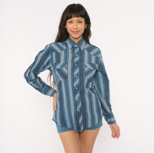 90s Wrangler Western Shirt Blue Striped Pearl Snap Pointed Collar Small S