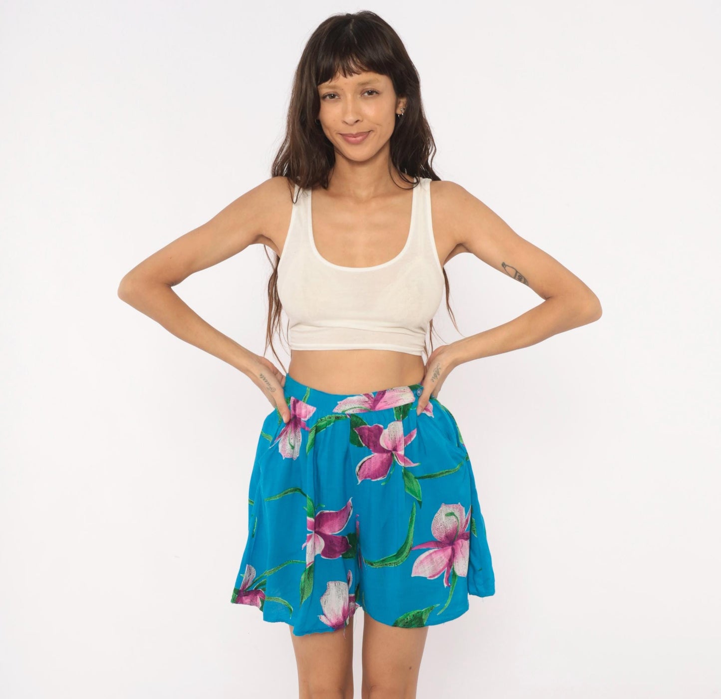90s Profiles Tropical Floral Shorts Teal Orchid High Waist Wide Leg Small