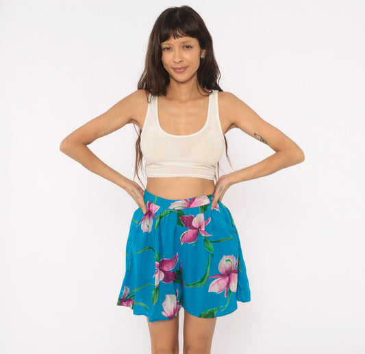 90s Profiles Tropical Floral Shorts Teal Orchid High Waist Wide Leg Small
