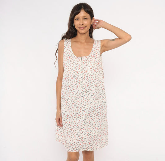 90s Take Nine Maternity Floral Jumper Dress White Cotton Knee-Length Large L