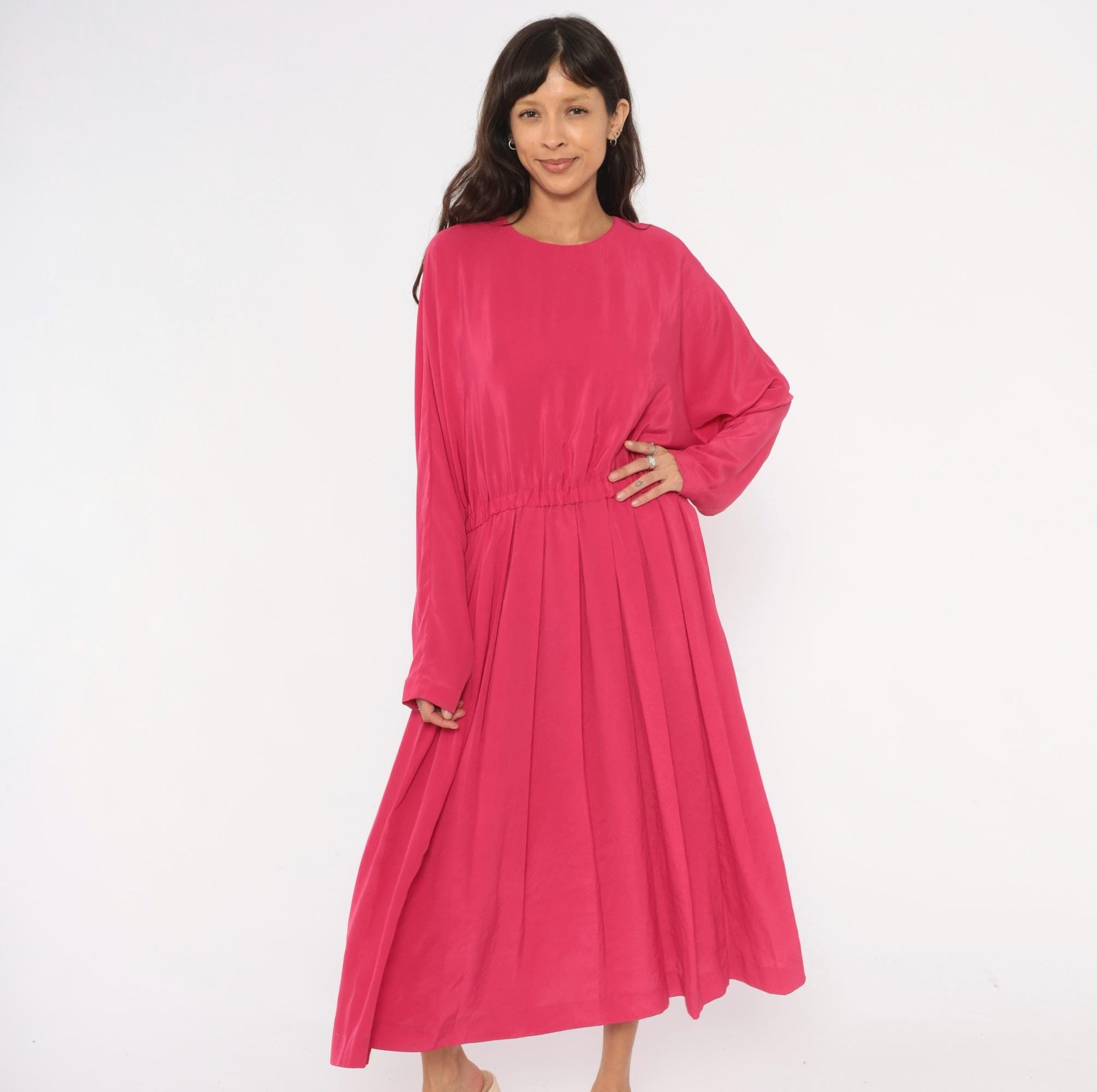1980s J.Ellis II Fuchsia Midi Dress Blouson Waist Pleated Skirt Extra Large