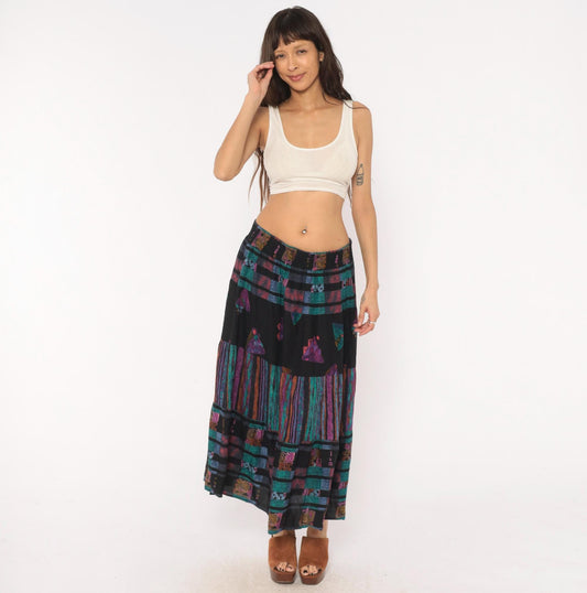 90s Adrian Jordan Tiered Maxi Skirt Black Teal Purple Geometric Plus Size XXL