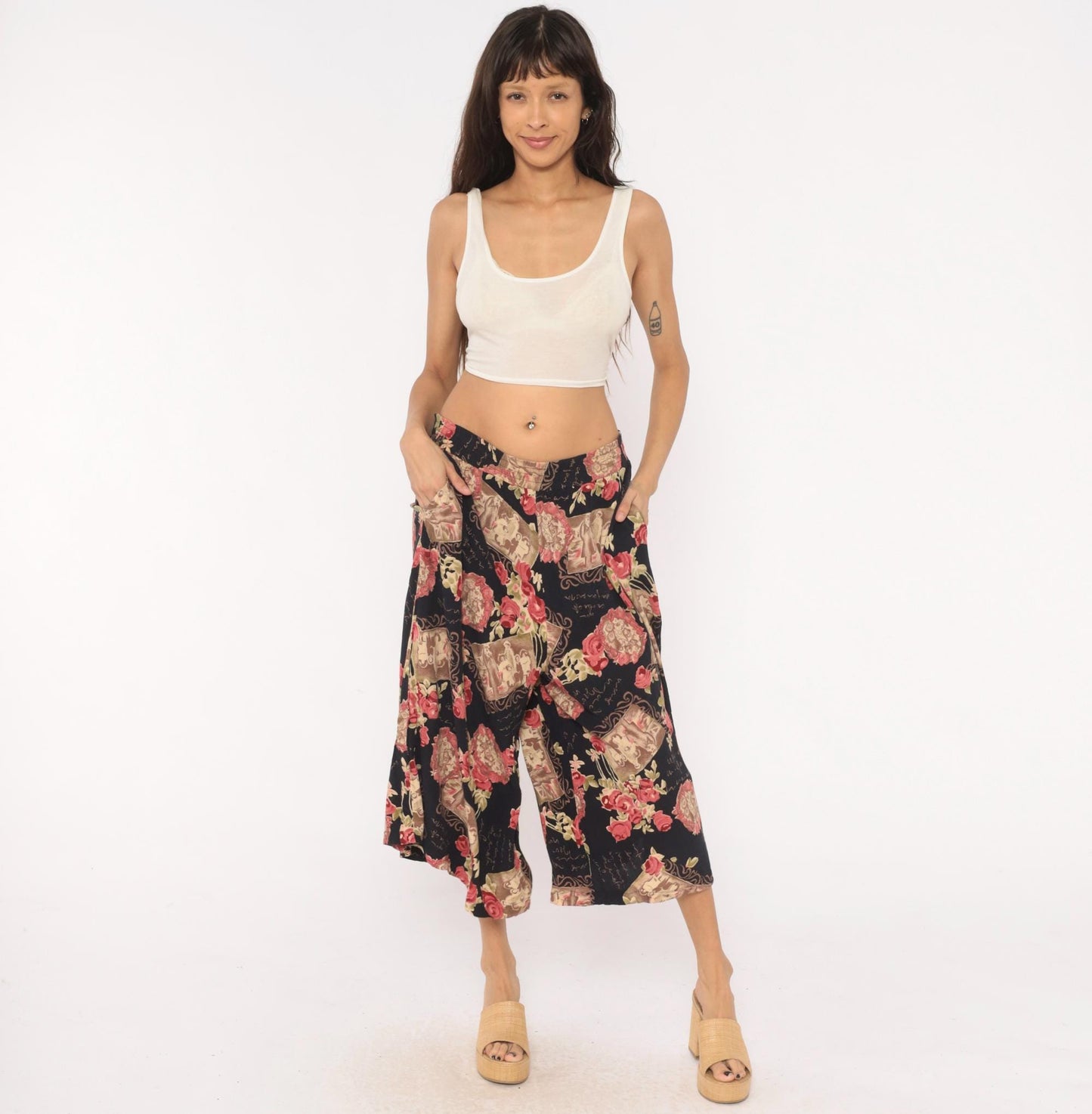 90s Impressions of California Culottes Black Floral Victorian Print Wide Leg Large L