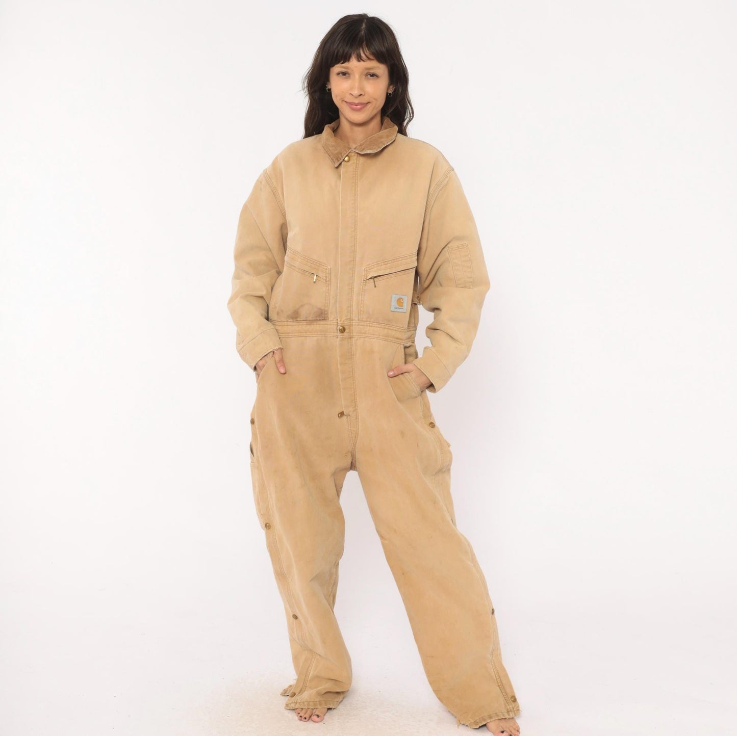 90s Carhartt Insulated Duck Canvas Coveralls Tan Distressed XXL