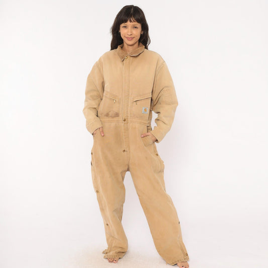 90s Carhartt Insulated Duck Canvas Coveralls Tan Distressed XXL