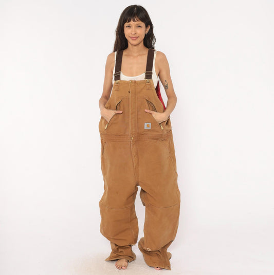 2000s Carhartt Insulated Bib Overalls Tan Duck Canvas Distressed Extra Large