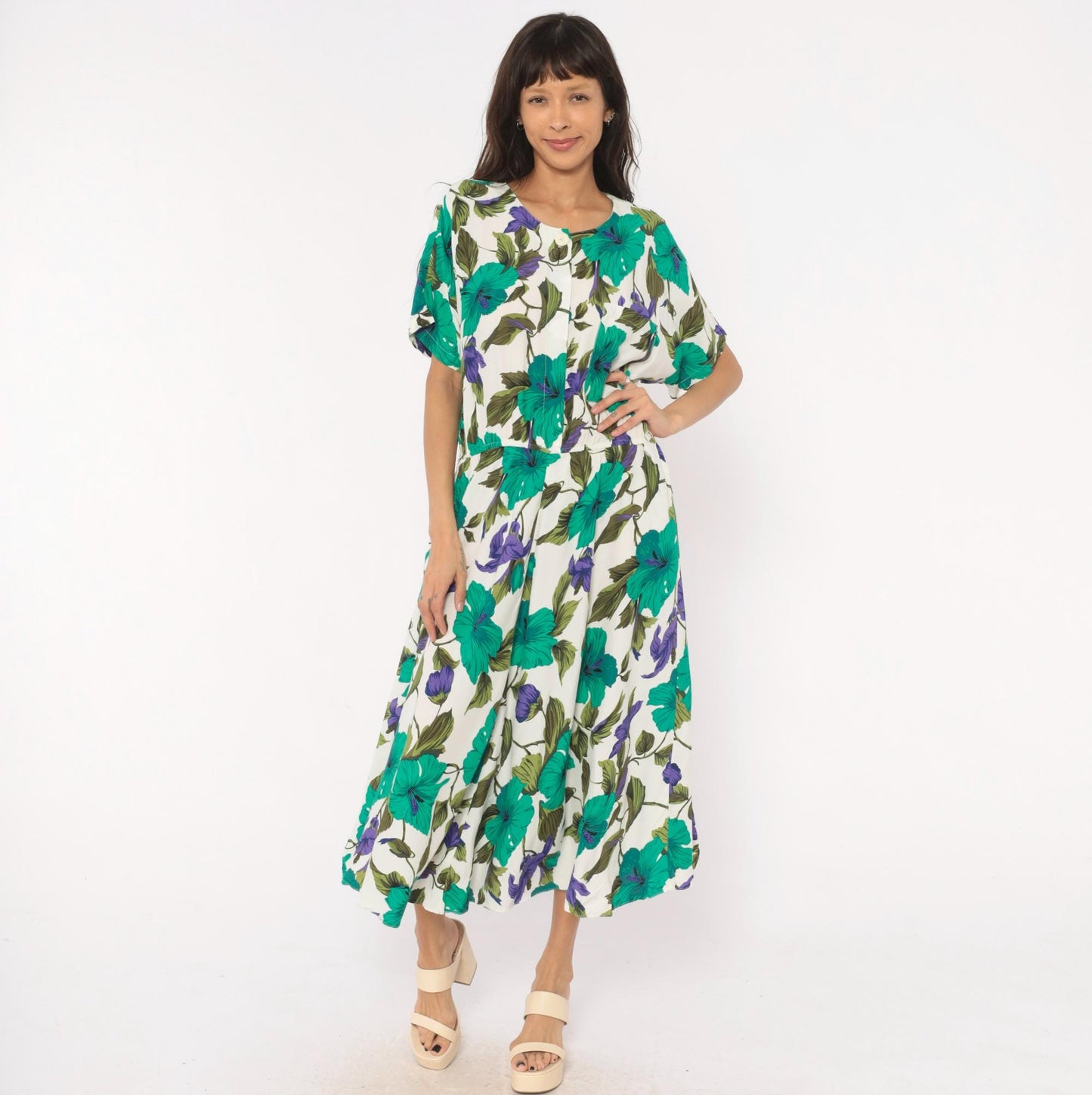 80s Tropical Hibiscus Midi Dress Teal Purple Floral Button Front Large L