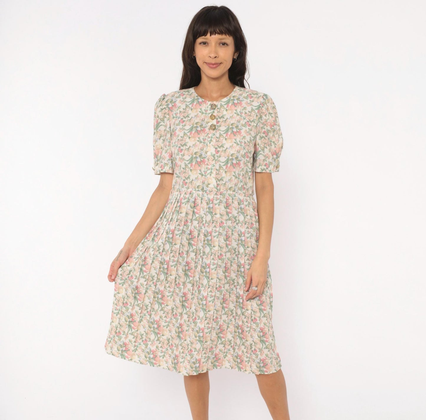 80s Jenny Petites Floral Puff Sleeve Dress Cream Pink Sage Small