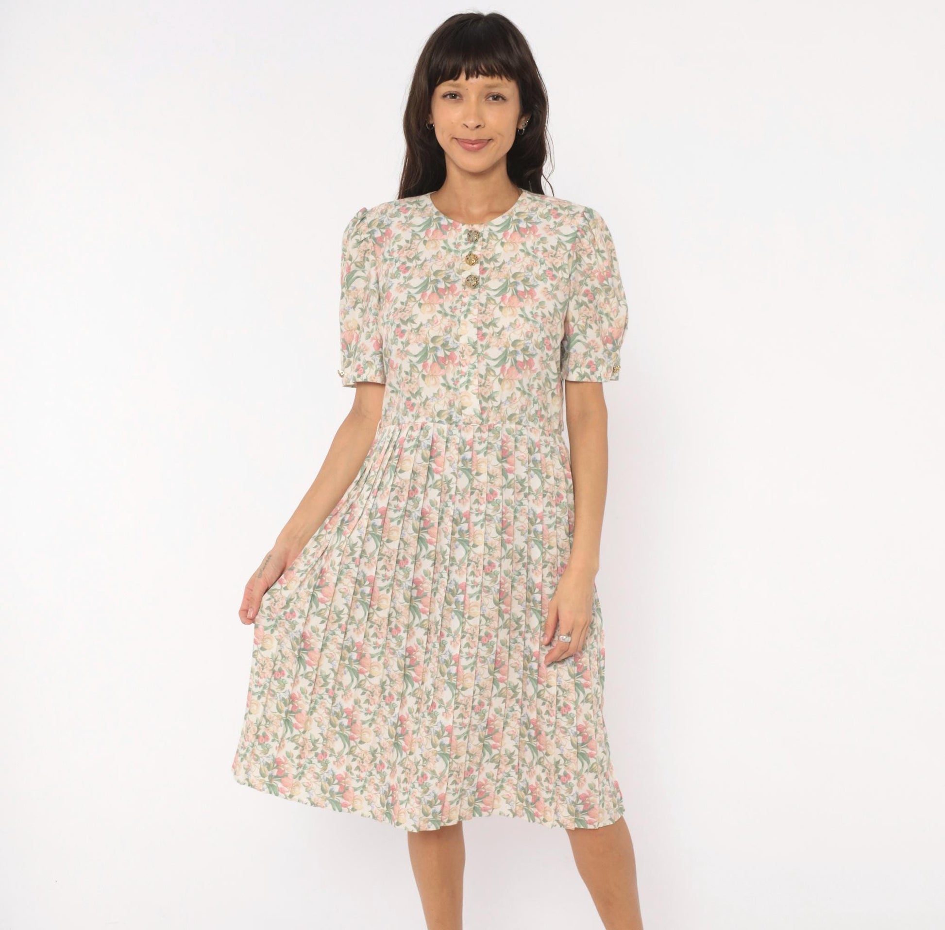 80s Jenny Petites Floral Puff Sleeve Dress Cream Pink Sage Small