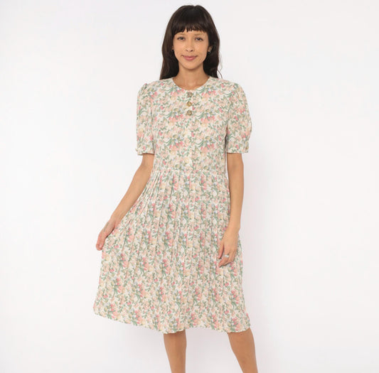 80s Jenny Petites Floral Puff Sleeve Dress Cream Pink Sage Small