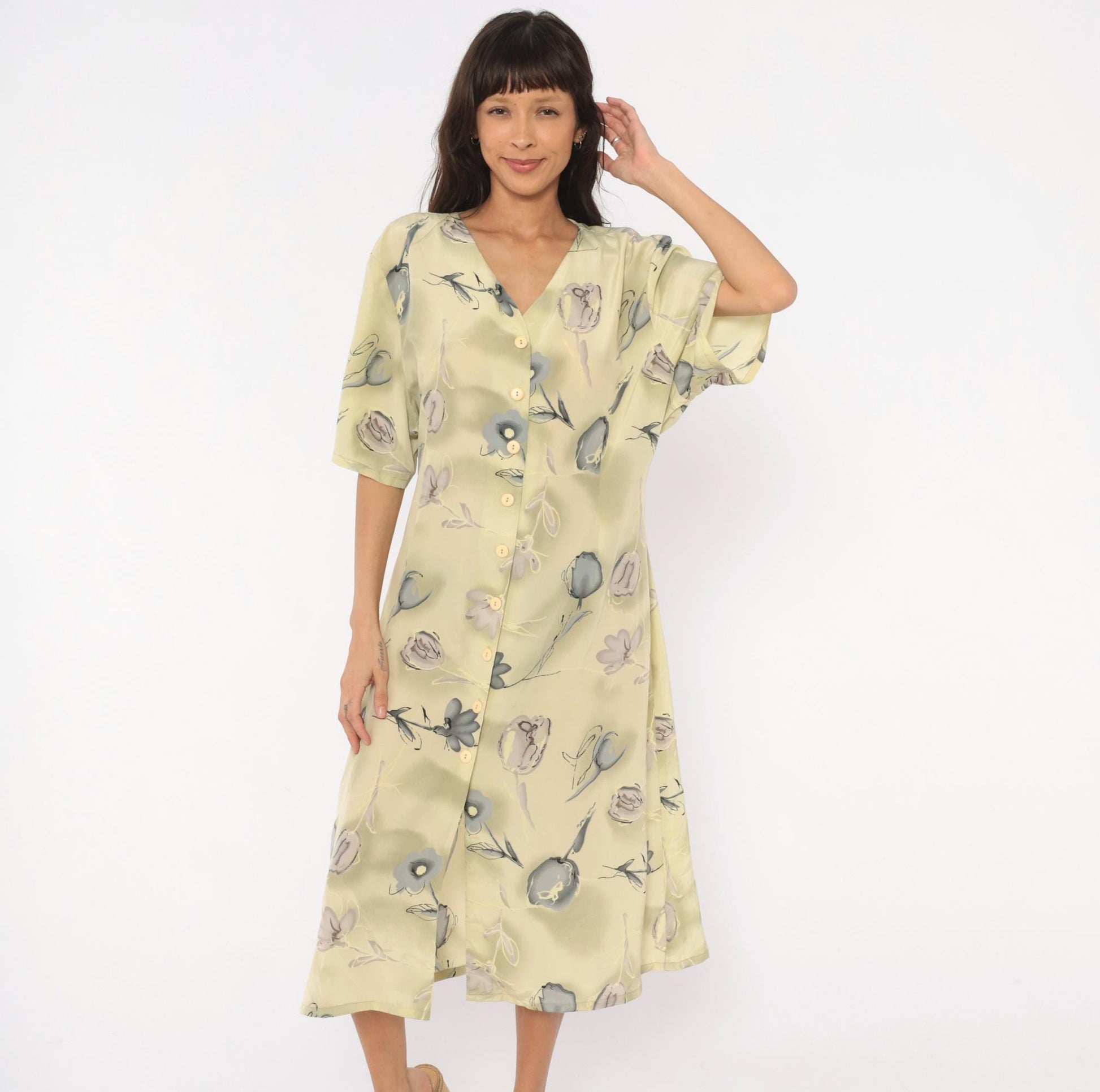 90s Voir Floral Button Front Midi Dress Olive Watercolor Print Plus Size XXL
