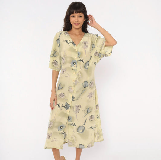 90s Voir Floral Button Front Midi Dress Olive Watercolor Print Plus Size XXL