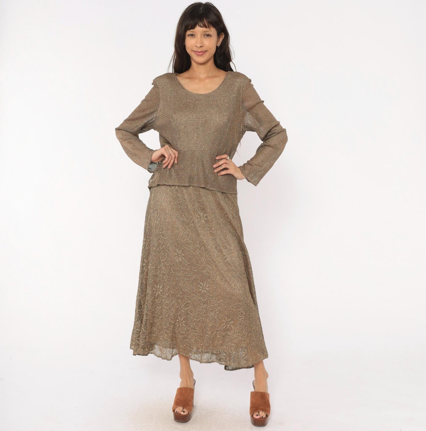 90s Onyx Nite Bronze Metallic Floral Lace Maxi Dress Long Sleeve Large L
