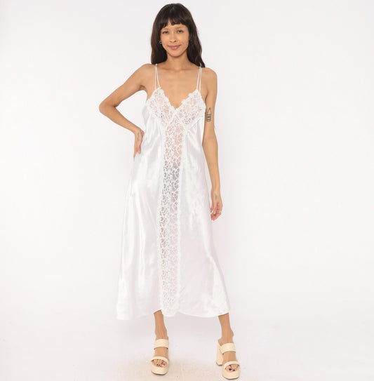 90s Just Flora White Satin Slip Dress Maxi Lace Panel Croquette Lingerie Large L