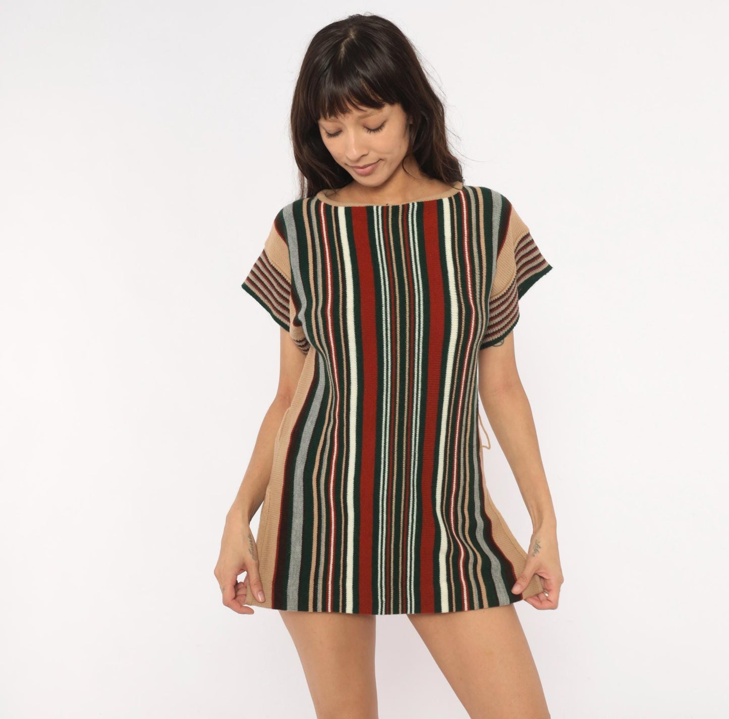 70s Exclusive Designs Striped Knit Tunic Burgundy Olive Cream Small