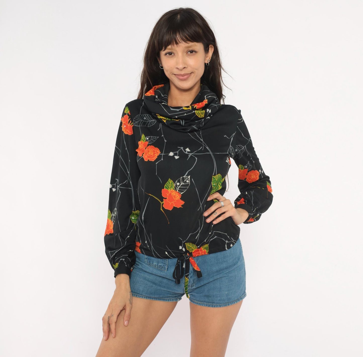 70s Lady Manhattan Cowl Neck Blouse Black Orange Rose Print Long Sleeve Small