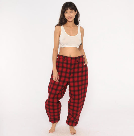 Woolrich Buffalo Plaid Wool Pants 80s Red Black Straight Leg Extra Large XL