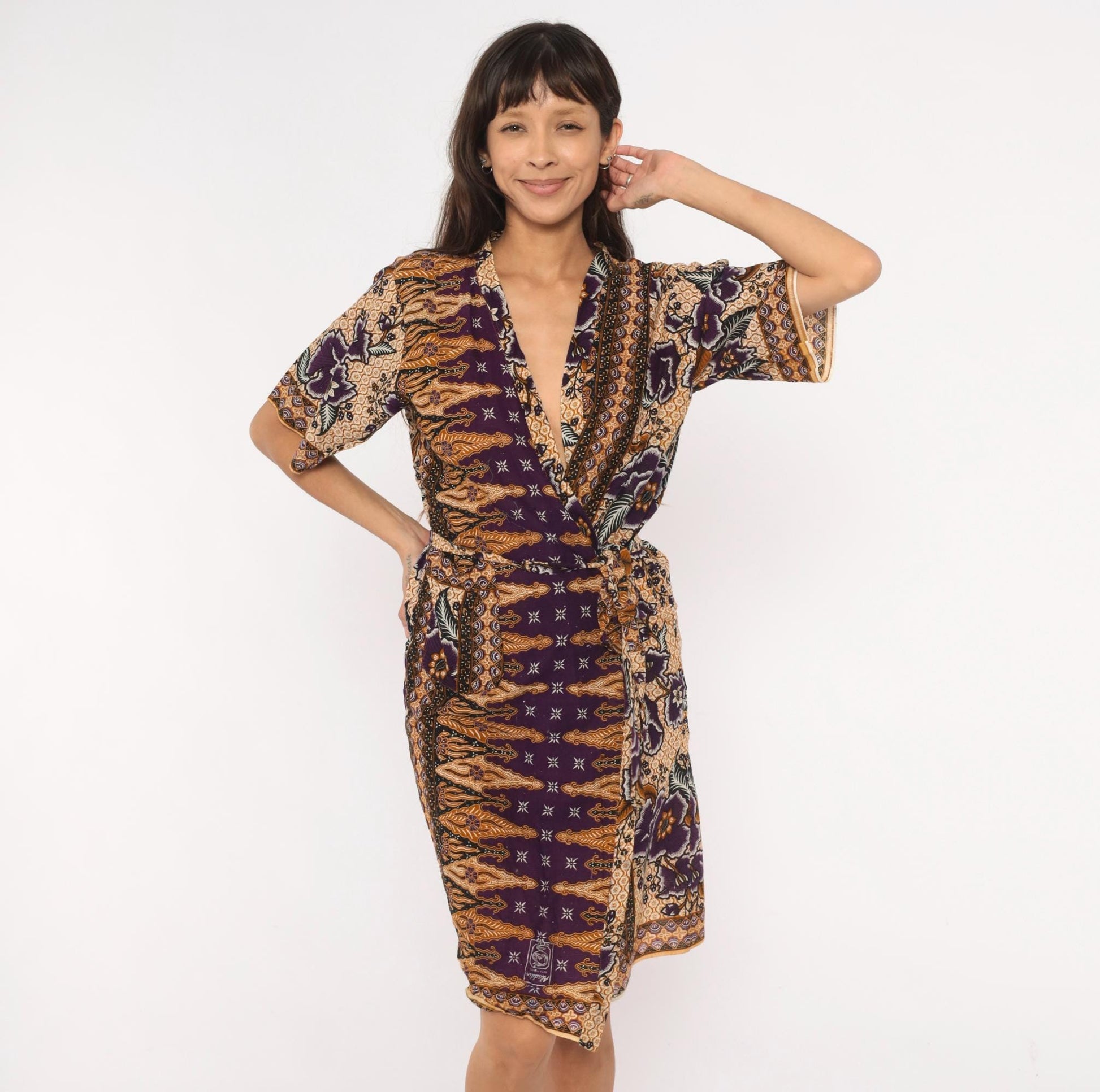 90s Batik Keris Wrap Dress Purple Mustard Floral Kimono Sleeve Small